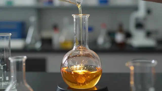 Warm glowing amber liquid pours into a round boiling flask on a dark lab bench with out-of-focus glassware in the background
