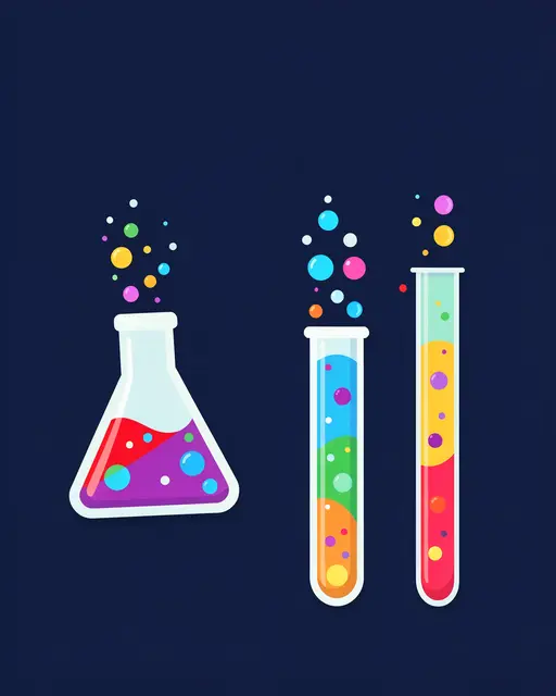 Flat vector illustration of an erlenmeyer flask and two test tubes holding bubbling colorful liquids against a dark navy
