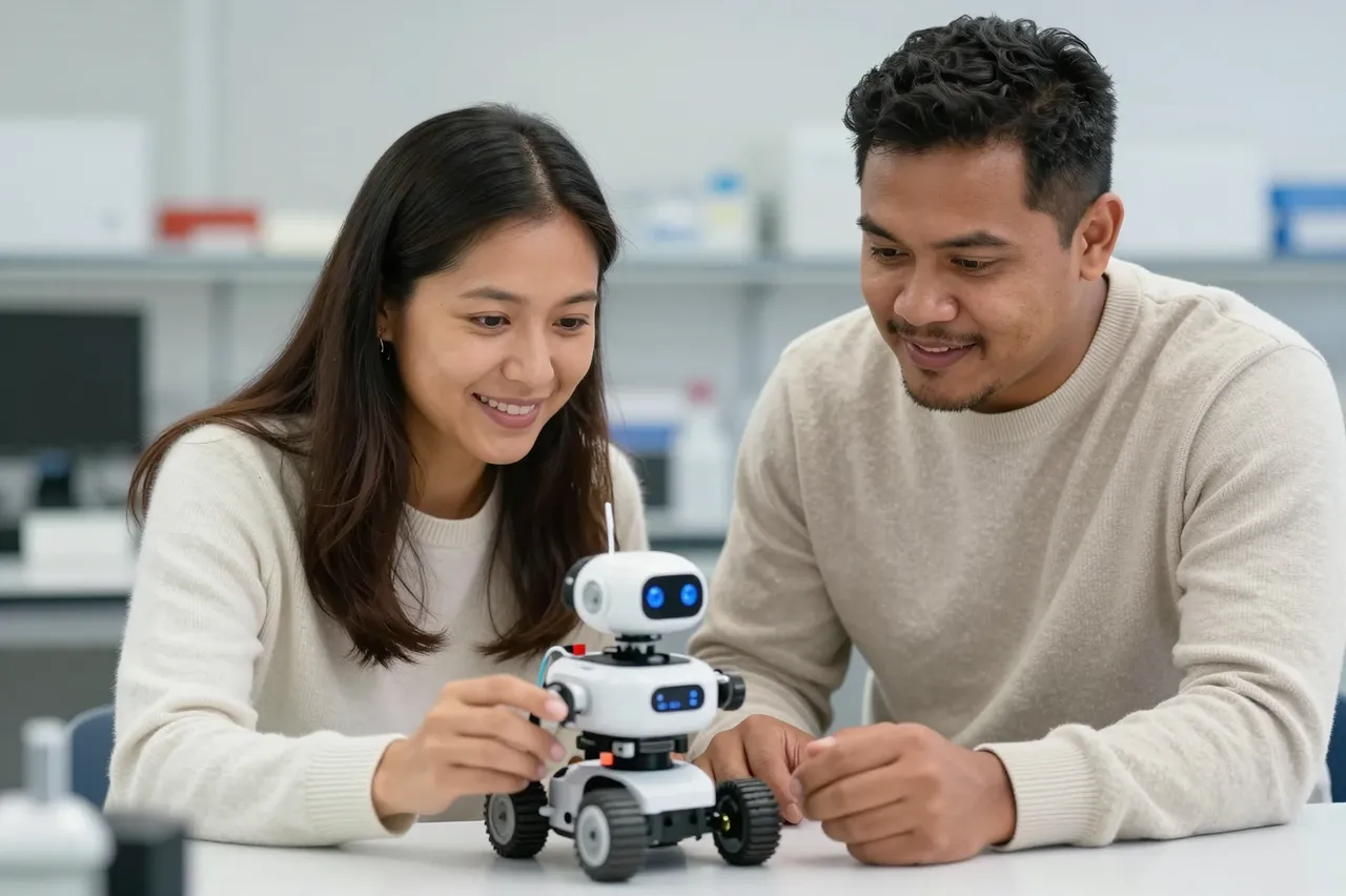 Two smiling adult lab workers lean over a table examining a small wheeled robot prototype