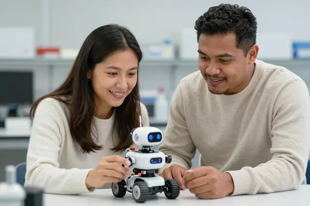 Two smiling adult lab workers lean over a table examining a small wheeled robot prototype