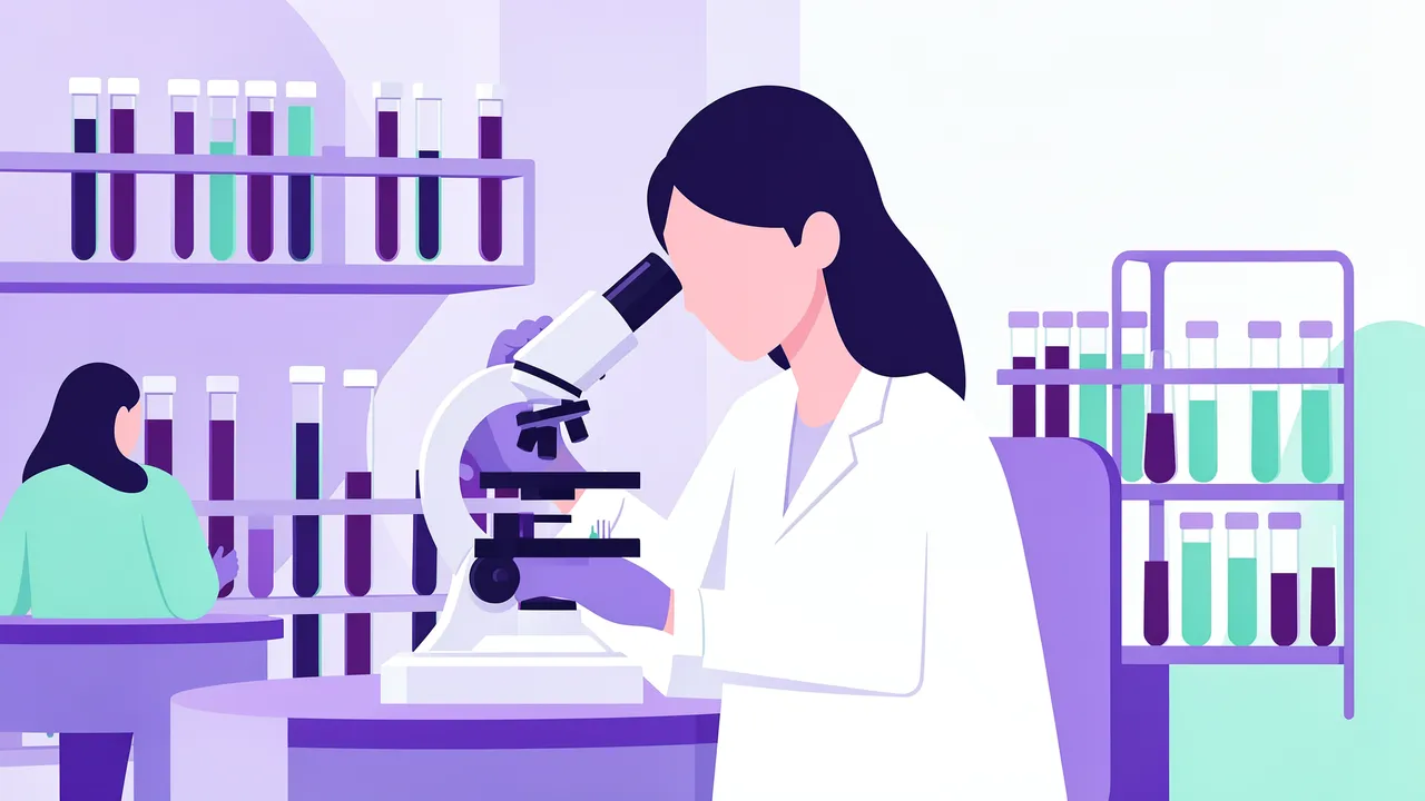 Faceless lab technicians work with a microscope and test tube racks in a purple and mint flat vector lab illustration