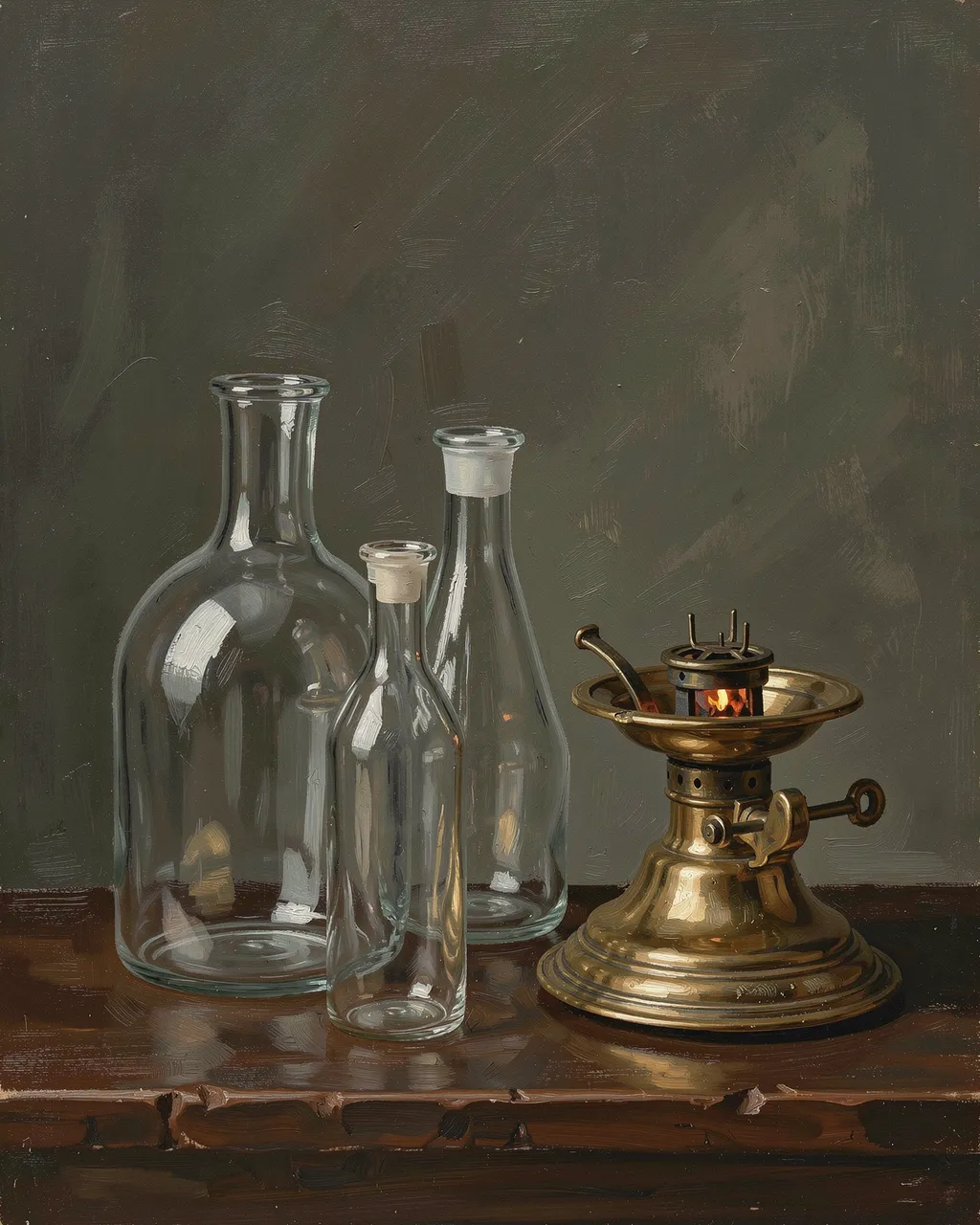 Oil painting of unmarked glass flasks and a brass burner arranged on a dark wooden table against a muted gray background