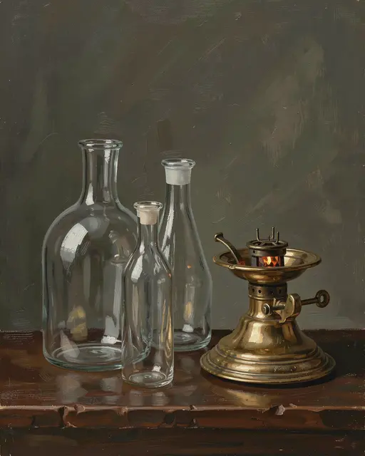 Oil painting of unmarked glass flasks and a brass burner arranged on a dark wooden table against a muted gray background
