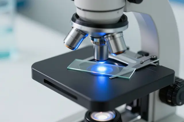 Close-up of a compound lab microscope with a glass slide under bright blue examination light in a lab setting