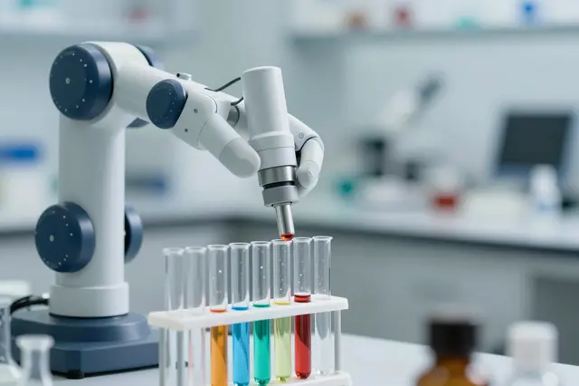 Lab robotic arm dispensing liquid into a rack of test tubes holding colorful chemical samples
