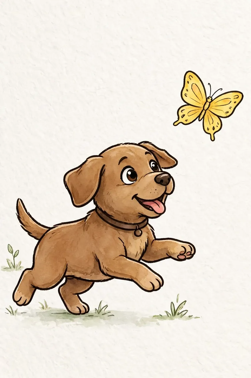 Cute cartoon brown labrador puppy runs playfully while looking at a nearby yellow butterfly on light textured paper