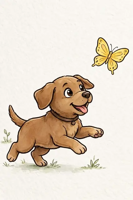 Cute cartoon brown labrador puppy runs playfully while looking at a nearby yellow butterfly on light textured paper