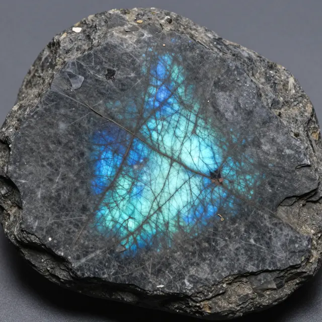 Close-up of a dark gray labradorite stone with iridescent blue and teal flash under soft light
