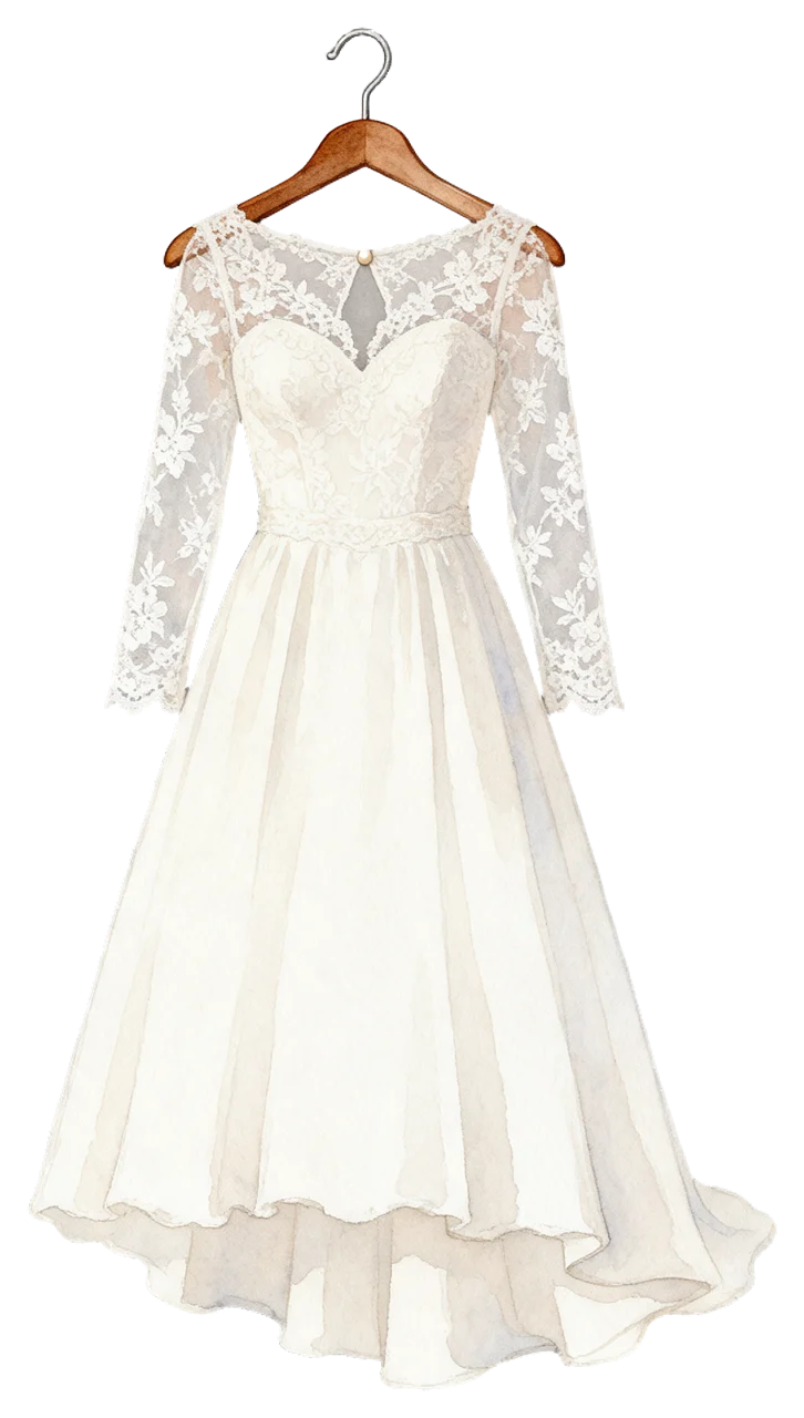 Soft watercolour illustration of a white lace wedding dress hanging from a wooden hanger