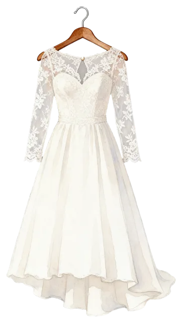 Soft watercolour illustration of a white lace wedding dress hanging from a wooden hanger