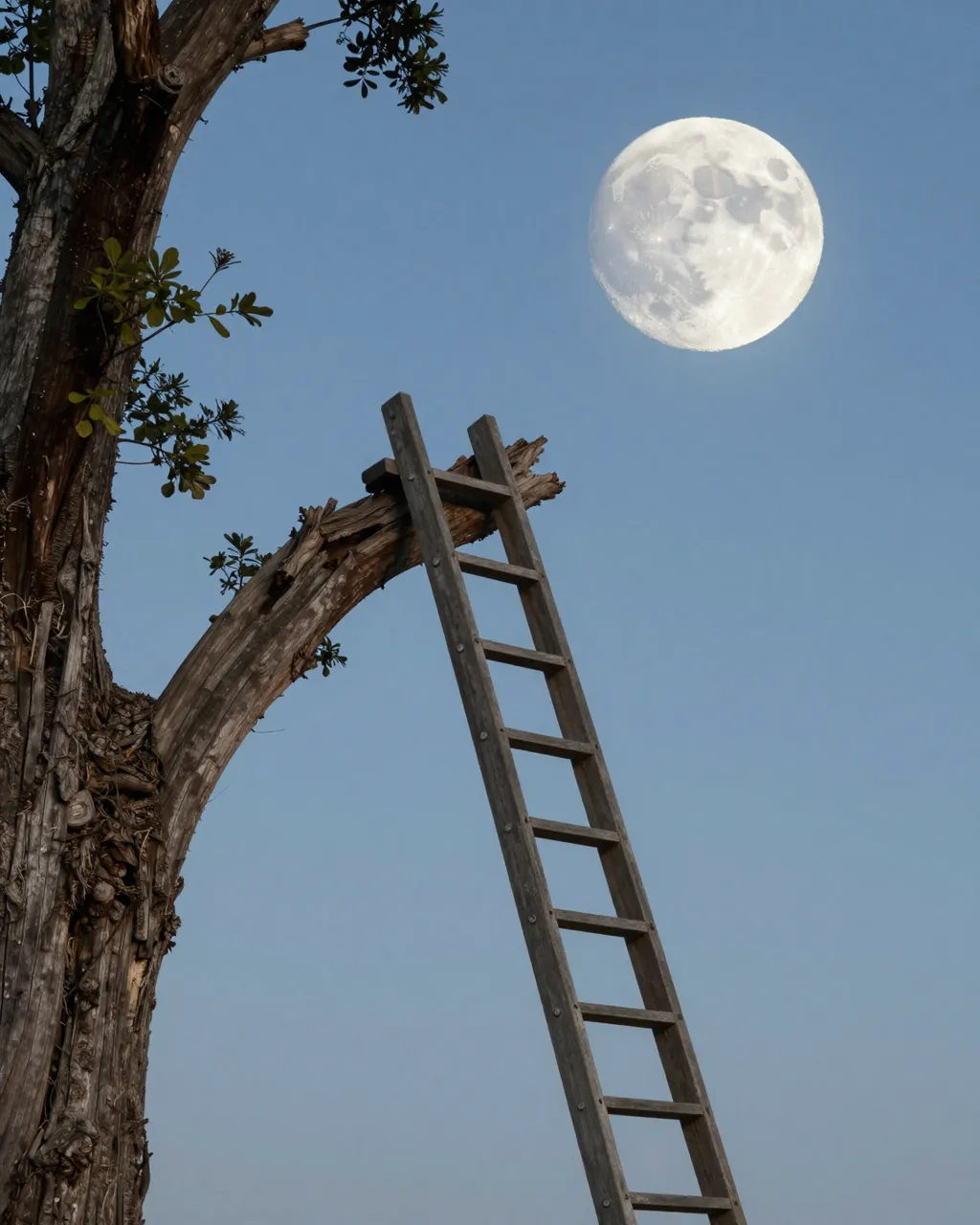 A weathered wooden ladder rests against an old oak branch reaching toward a bright full moon in a clear dusk sky