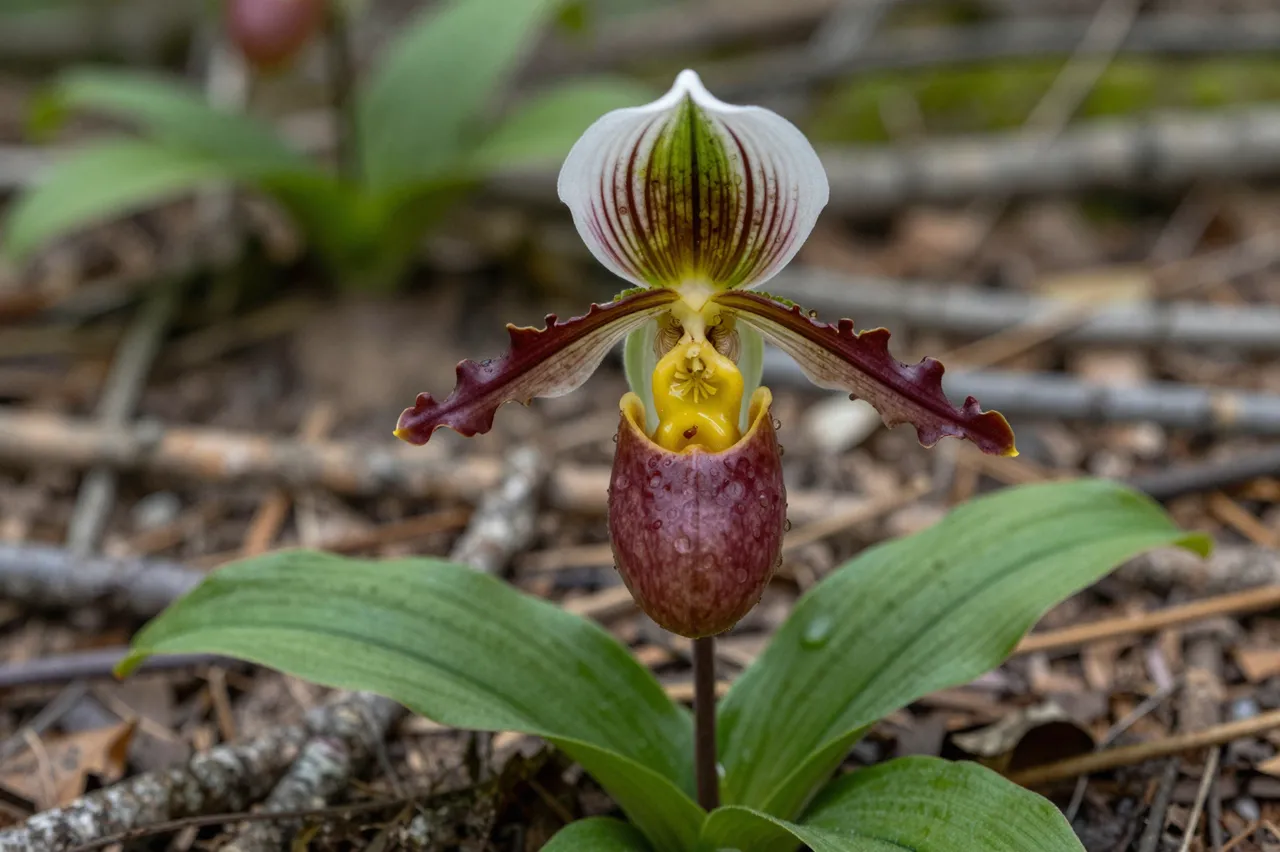 Close-up of a patterned lady slipper orchid growing from a twig-strewn damp forest floor