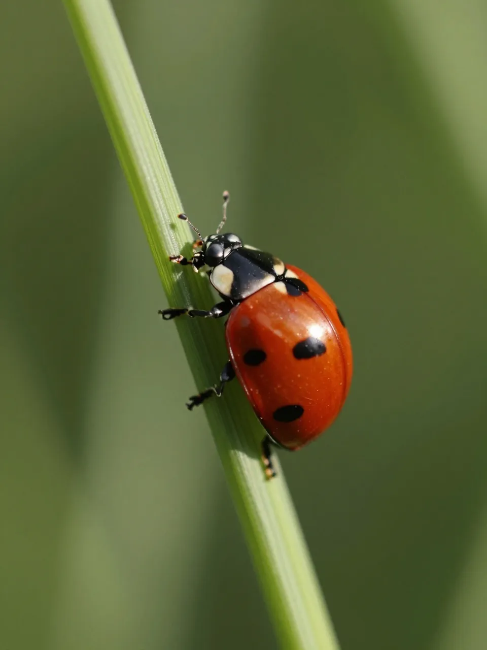 A close-up of a red spotted ladybug climbing a thin green grass stem against blurred green foliage.
