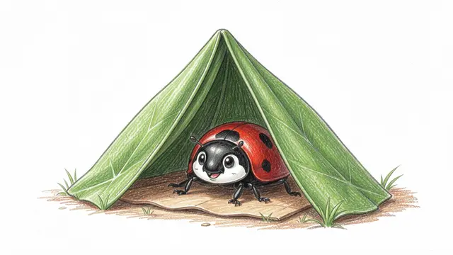 Cute cartoon ladybug sits inside a tiny folded leaf tent on bare ground with small grass tufts.