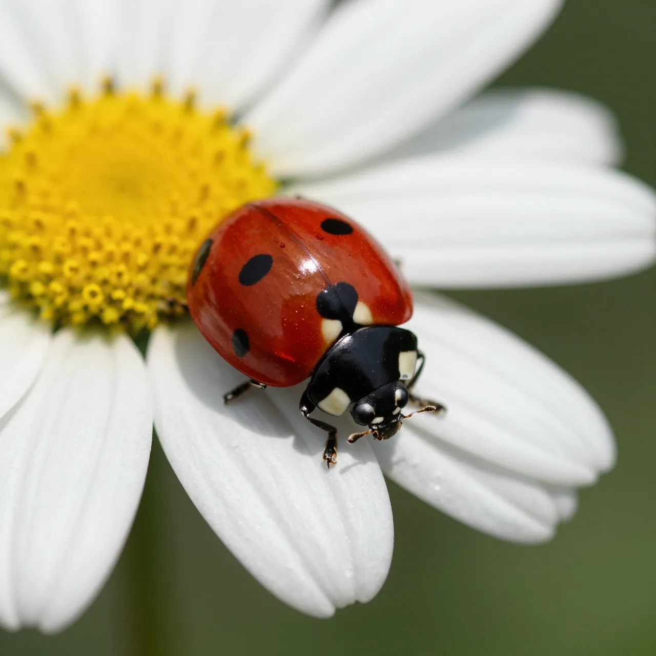 A close-up of a red spotted ladybug resting on the white petal of a daisy flower.