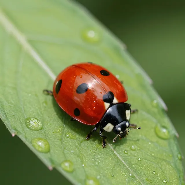 Close up macro shot of a red spotted ladybug resting on a green leaf covered in dew droplets