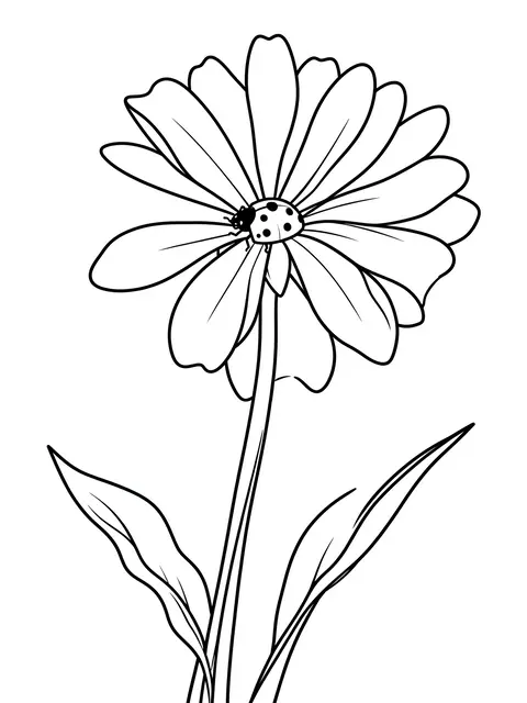 Black and white bold line art of a ladybug resting on an open daisy-style flower with leaves and stem