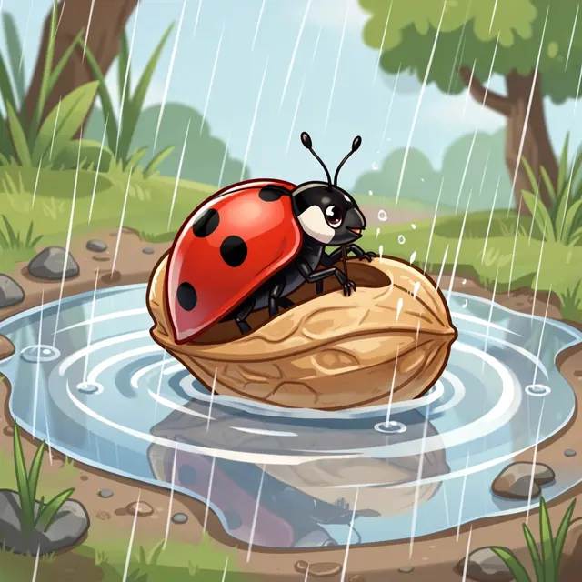A cartoon ladybug rows a walnut shell boat across a rain puddle during a light summer rainshower.
