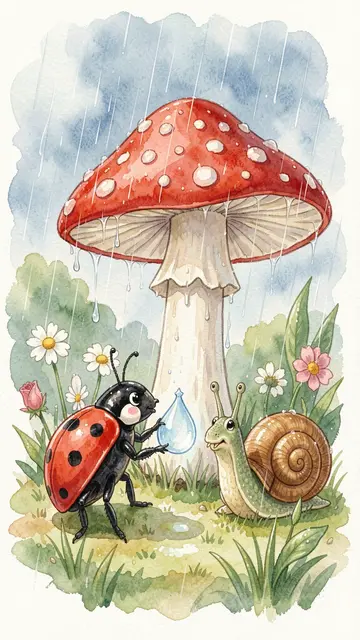 Watercolor illustration of a ladybug holding a dewdrop while a snail sits beside it under a spotted toadstool in gentle rain