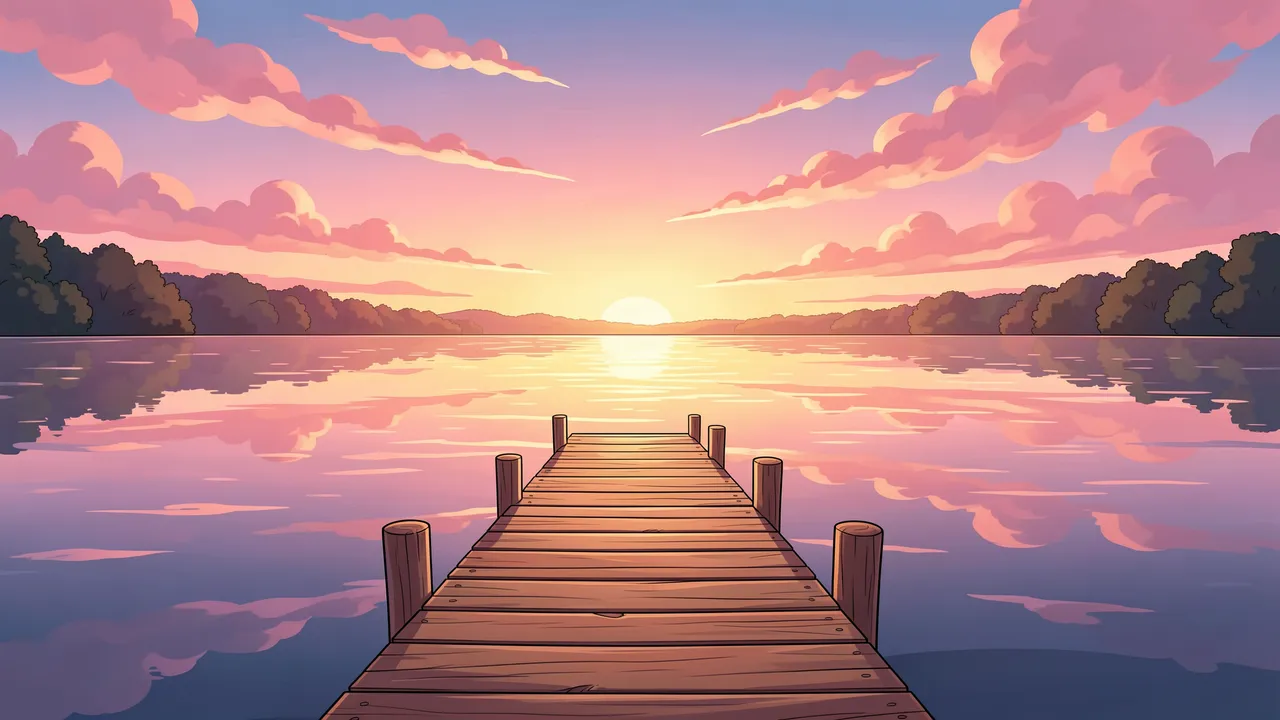 Anime-style wooden dock extends over calm lake water under pink sunset clouds