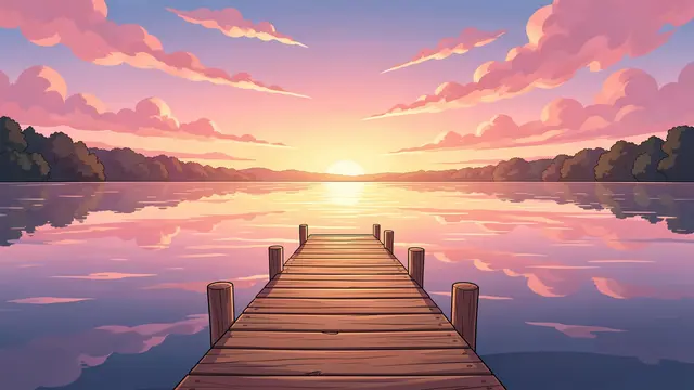 Anime-style wooden dock extends over calm lake water under pink sunset clouds