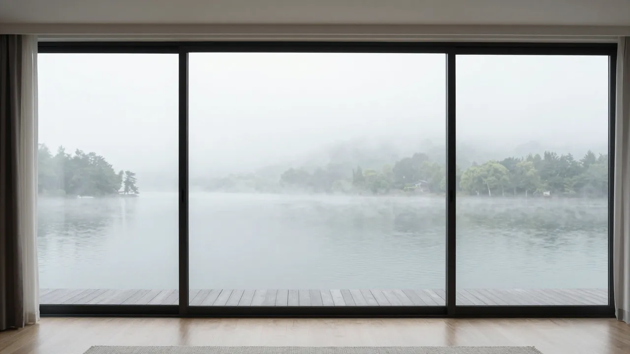 Floor-to-ceiling sliding glass windows frame a misty forested lake view from inside a quiet living room