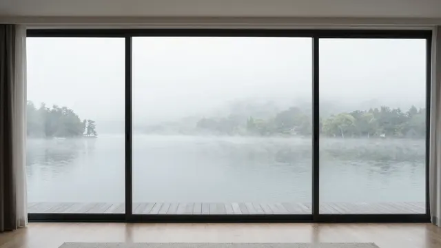 Floor-to-ceiling sliding glass windows frame a misty forested lake view from inside a quiet living room
