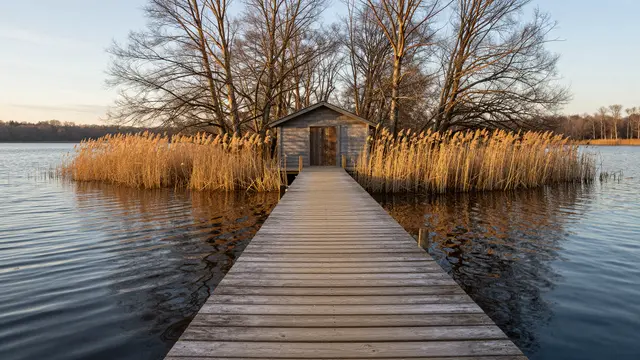 Wooden jetty leads to a small lakeside boathouse framed by golden reeds and bare autumn trees at golden hour