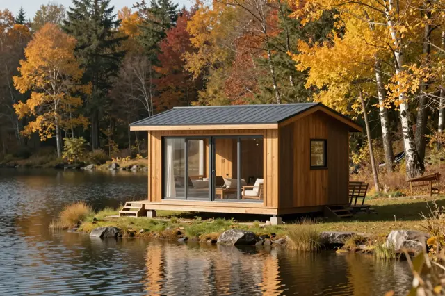 A small modern wooden cabin sits on the edge of a calm lake surrounded by fall foliage trees