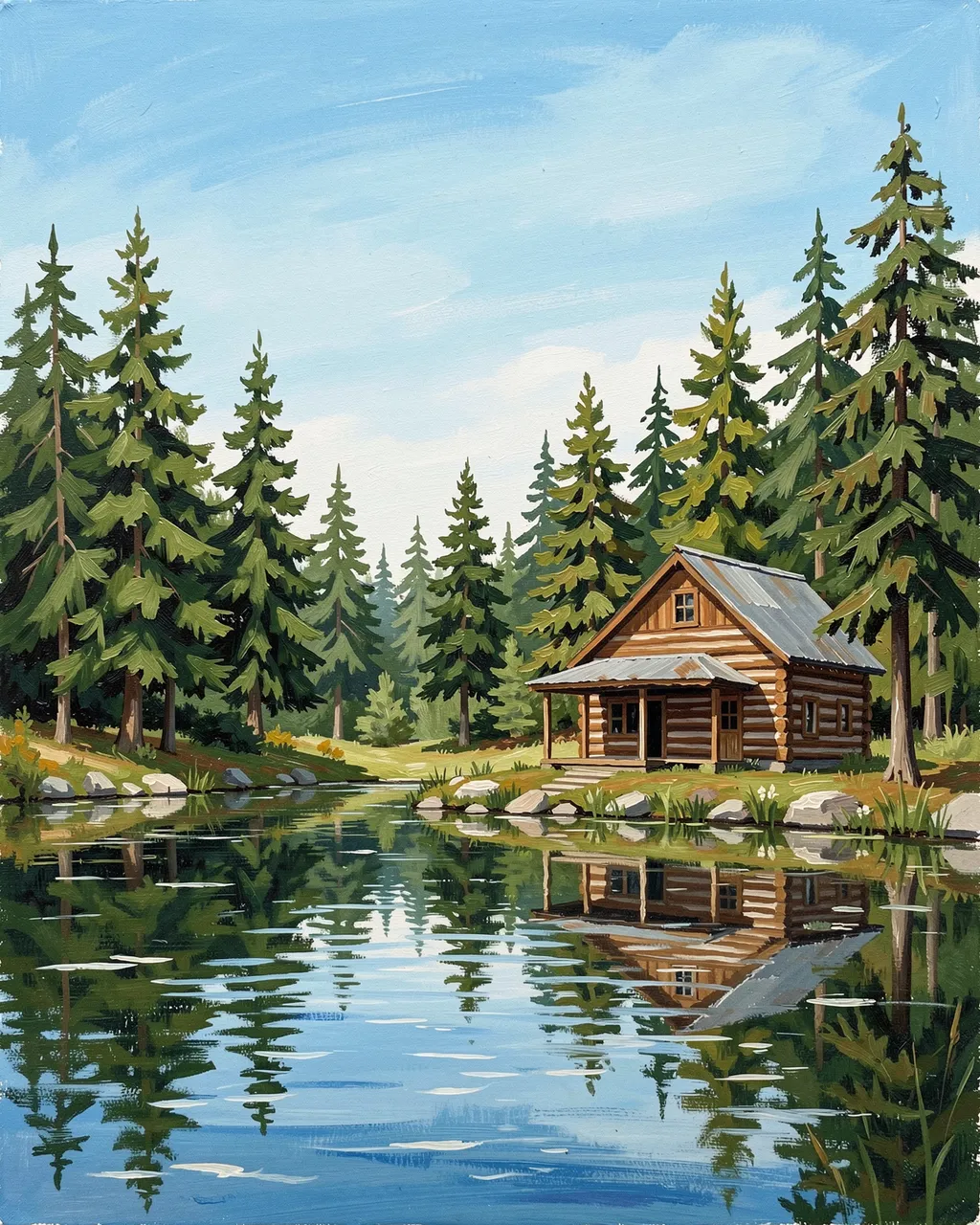 Gouache painting of a log cabin beside a calm lake surrounded by pine trees under a bright empty sky