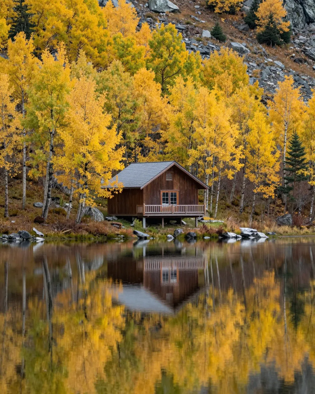 Wooden cabin on a calm mountain lake surrounded by golden autumn aspen trees with perfect mirrored reflections