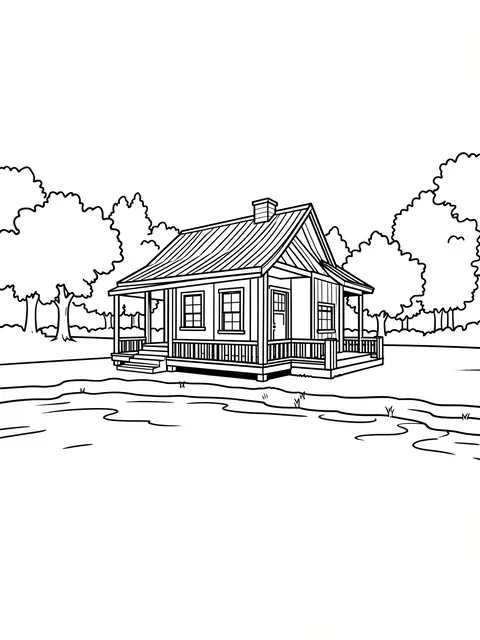 Black and white line art coloring page of a small lakeside cabin with a front porch and surrounding trees