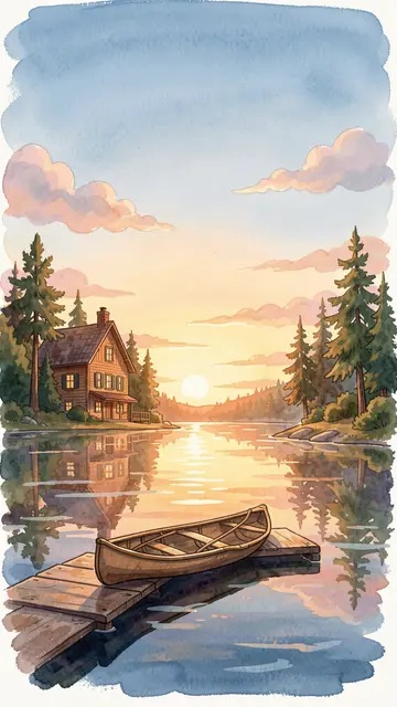 Gouache illustration of a wooden lakeside cabin, canoe on a dock, and calm lake at soft sunrise