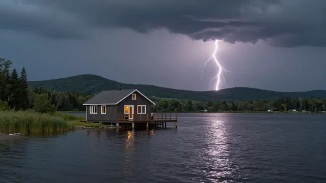 Lit wooden stilt lakeside cabin sits under storm clouds as lightning strikes over distant forested hills
