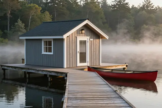A small lakeside cabin on a wooden dock next to a red canoe, with mist rising from calm lake water at sunrise.