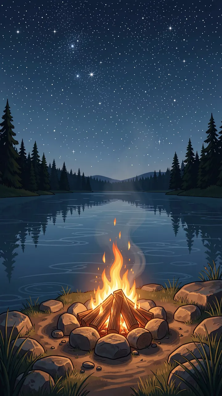A warm campfire burns on a rocky lakeshore under a bright starry night sky with forest reflections.