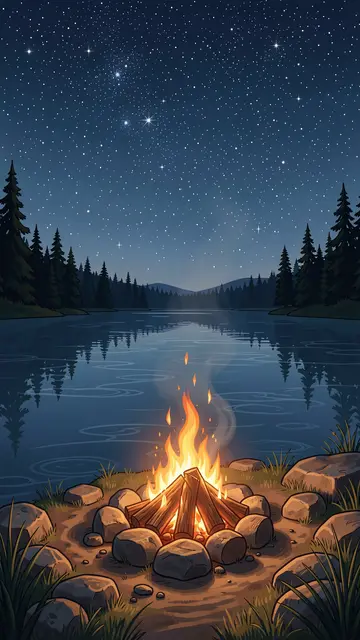A warm campfire burns on a rocky lakeshore under a bright starry night sky with forest reflections.