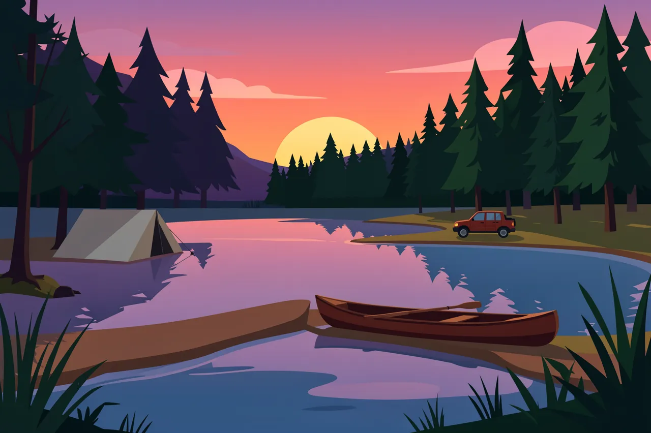 Flat vector illustration of a lakeside campsite at dusk with a canoe, tent, and parked car among pine trees