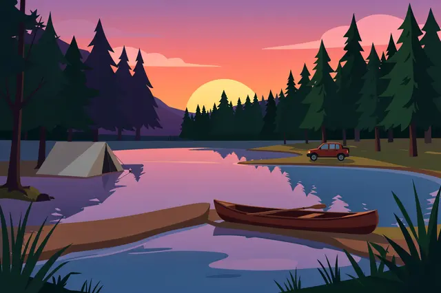 Flat vector illustration of a lakeside campsite at dusk with a canoe, tent, and parked car among pine trees