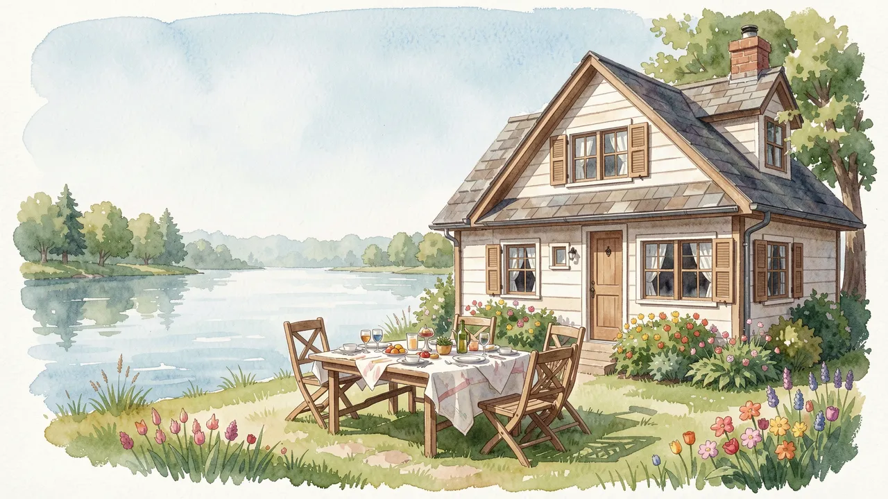 Watercolor illustration of a lakeside cottage with a set outdoor lunch table under an empty soft sky.