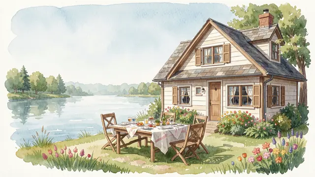 Watercolor illustration of a lakeside cottage with a set outdoor lunch table under an empty soft sky.
