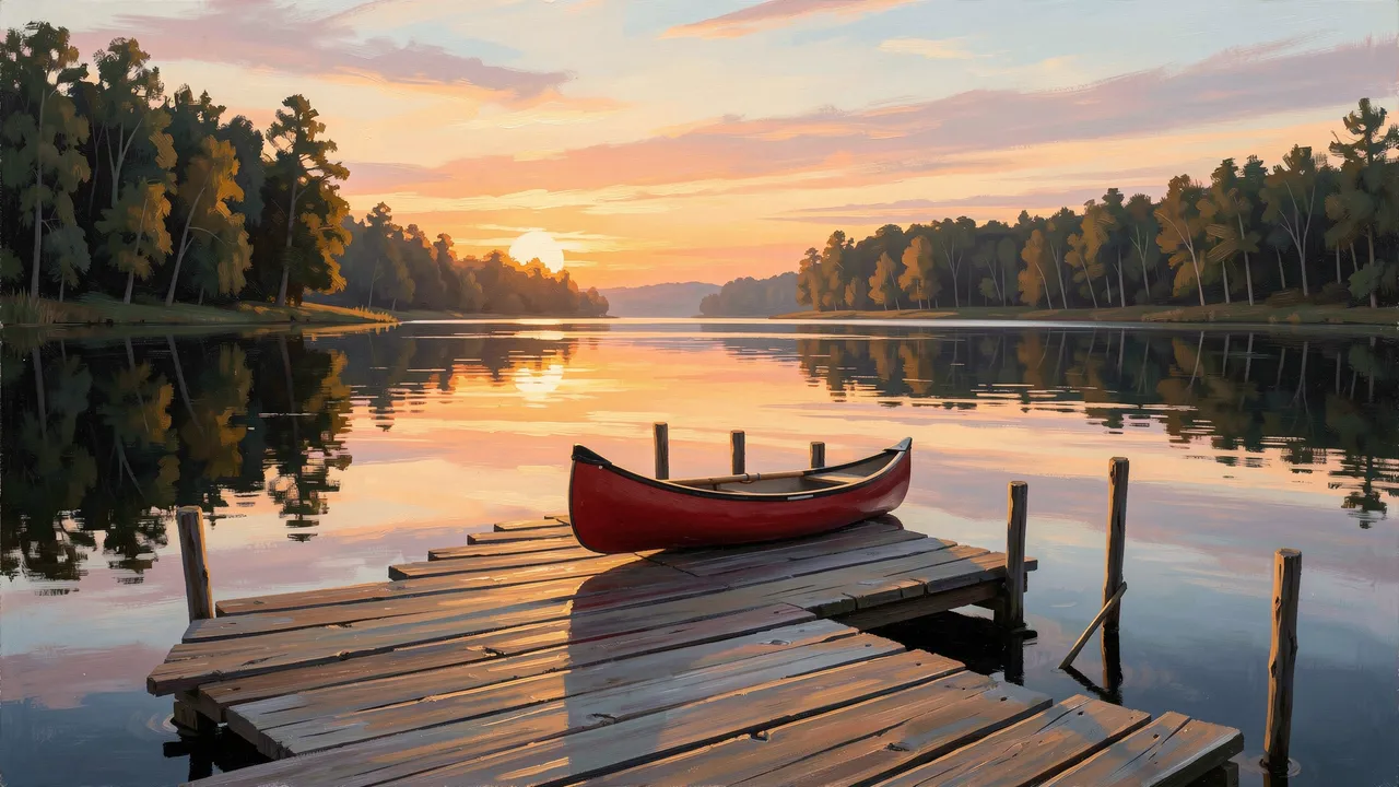 Acrylic painting of a red canoe resting on a wooden dock over mirror-still lake water at sunrise