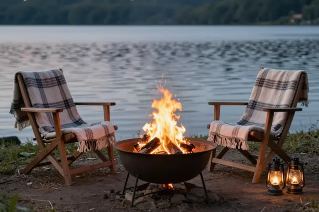 Two wooden chairs with plaid blankets sit around a lit fire pit beside a calm lake at dusk