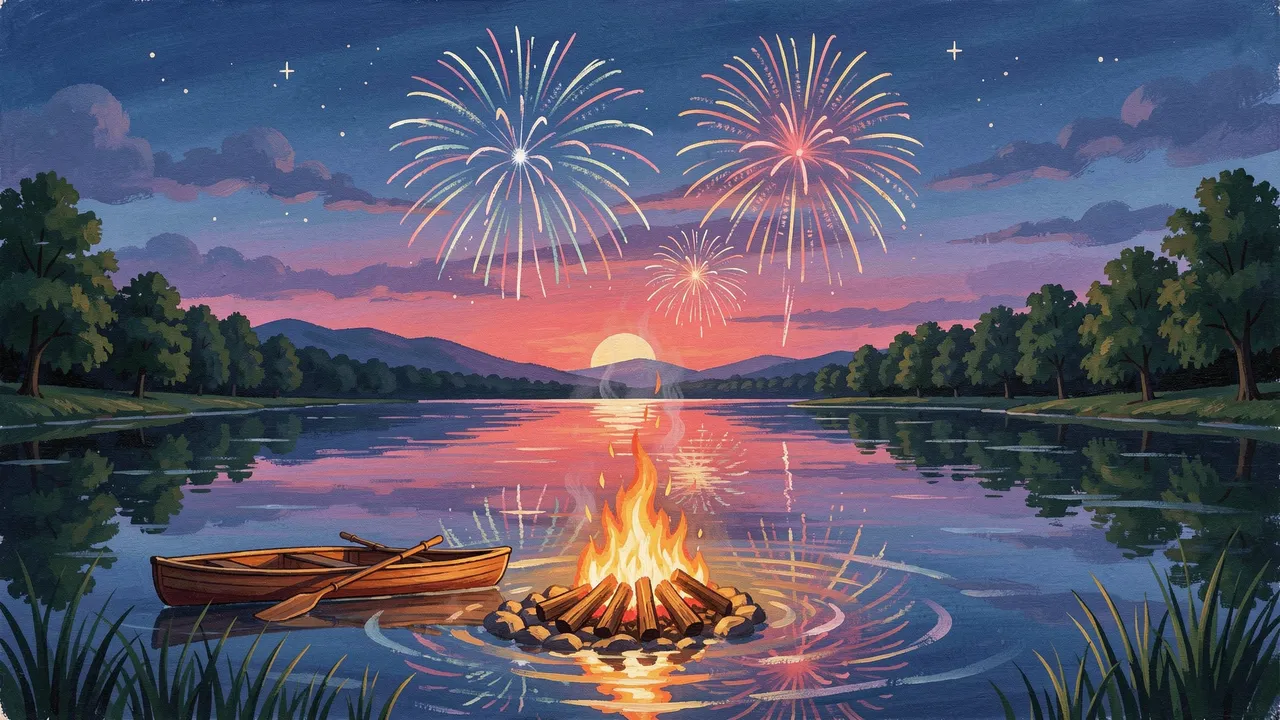 Gouache illustration of a floating lakeside bonfire, canoe and bursting fireworks at sunset