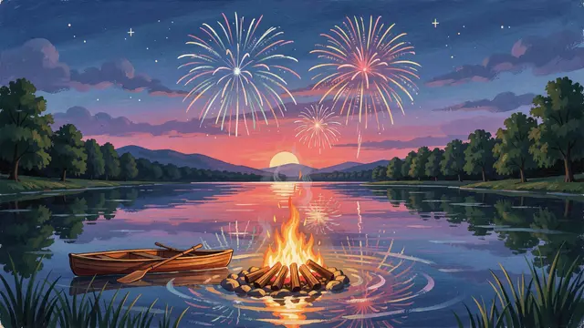 Gouache illustration of a floating lakeside bonfire, canoe and bursting fireworks at sunset