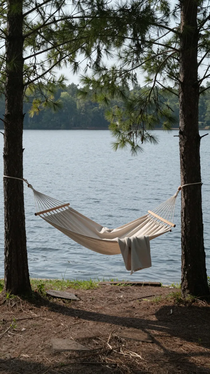 An empty beige hammock with a draped blanket hangs between two pine trees beside a calm lake.