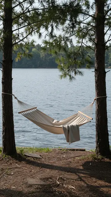 An empty beige hammock with a draped blanket hangs between two pine trees beside a calm lake.