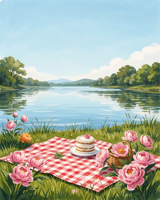 A red checkered picnic blanket with cake and peonies sits on grass beside a calm lake under a bright empty sky