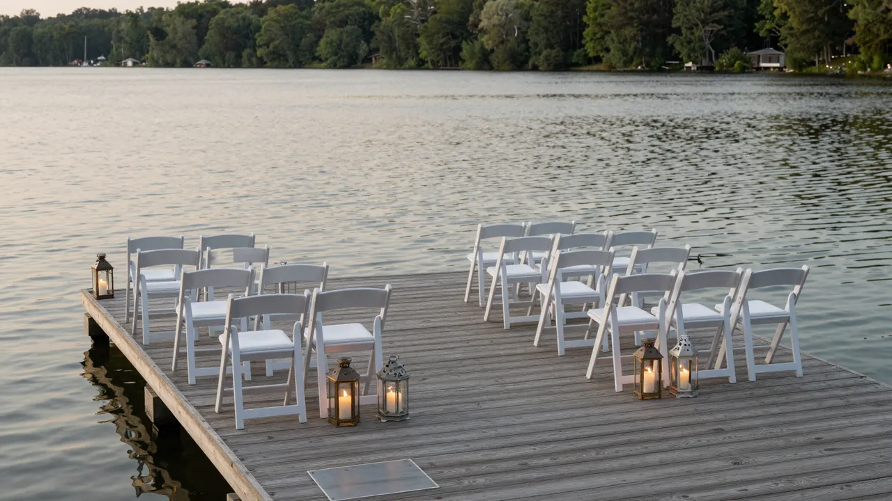 Empty white ceremony chairs and lit lanterns arranged on a wooden lakeside dock at dusk