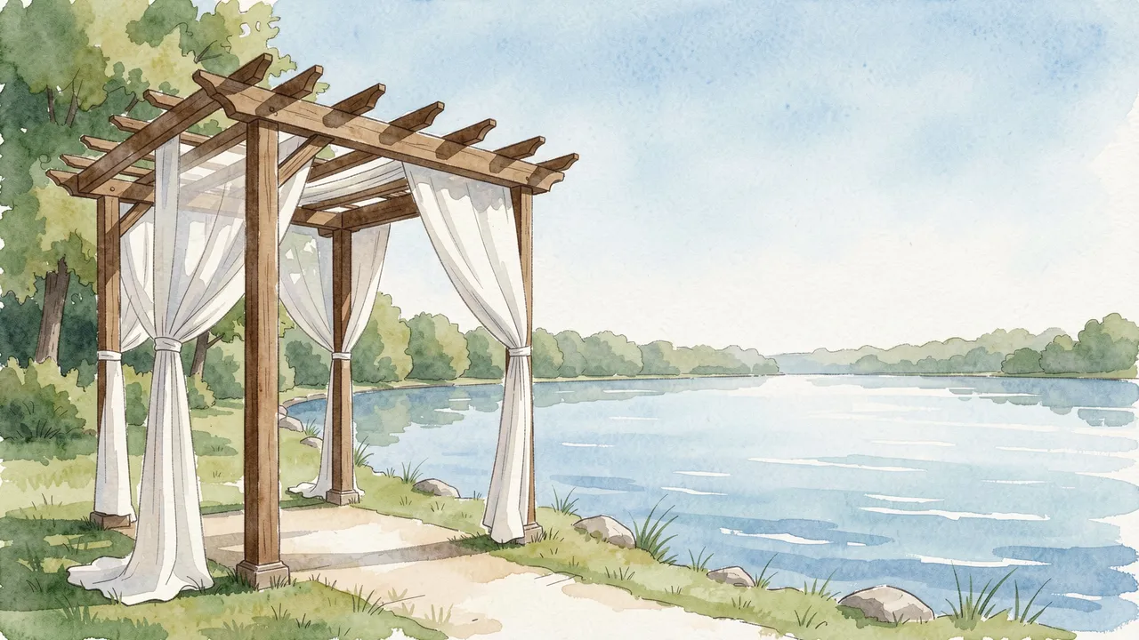 Watercolor illustration of a wooden pergola draped in white fabric beside a calm sunny lake